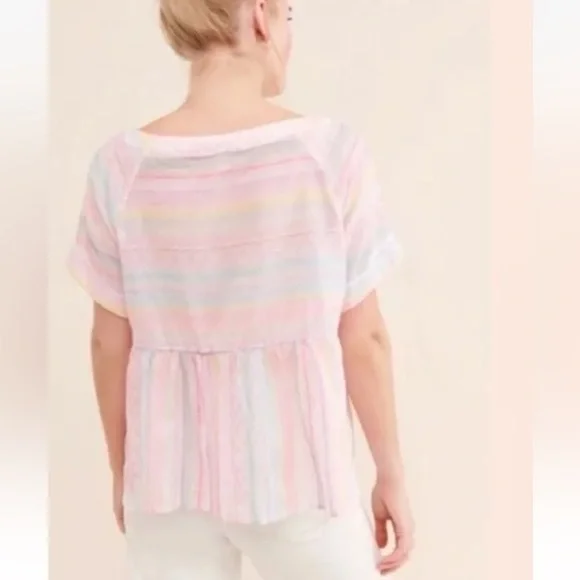 Anthropologie M Letty Embroidered Babydoll Top Stitched Rainbow Peplum *G24 - Picture 2 of 3